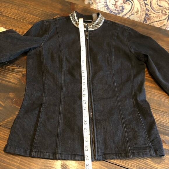 Chico’s Studded Denim Jacket Women’s Size Medium Black Stretch Zip Up Old Money - Picture 8 of 12